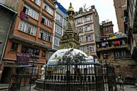 Kathmandu, Nepal - September 2021: Stupa located between Thamel and Durbar Square in the heart of Kathmandu on September 22, 2021 in Kathmandu, Nepal.