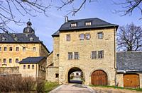 Approach and gateway to the Manor House, now home to the Silbermann Museum, and to the ruins of the Castle of Frauenstein in the Ore Mountains, Saxony...