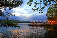 bar terrace, sunset on the lake of Banyoles, Catalonia, Spain