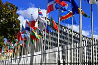 World flags in front of UNESCO headquarter in Paris, France. UNESCO is the United Nations Educational, Scientific and Cultural Organization. UNESCO se...