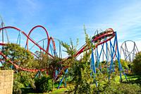 view roller coaster shambala and red dragon in portaventura, park, of attractions in tarragona, catalonia, spain.