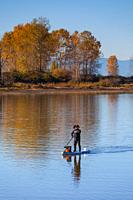 Paddleboarder on Halloween with a pumpkin and a pirate hat on the Steveston waterfront in British Columbia Canada.
