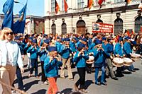 Demonstration on May 1st 1973 on the street ""Unter den Linden"" in East Berlin with a music group of the communist pioneer organization ""Ernst Thälm...