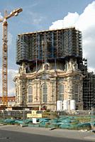 Reconstruction of the Church of Our Lady on the New market in Dresden, which was destroyed by a bombing in 1945. Photo of the state of construction ab...