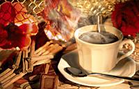 Romantic still life of a cup of hot cocoa with cinnamon stick,