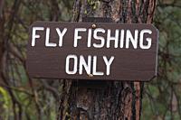 Flyfishing sign, Metolius Wild and Scenic River, Deschutes National Forest, Oregon.