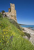 Roseto Capo Spulico, Cosenza district, Calabria, Italy, Europe, the beach and the Frederick's castle.