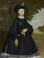 A Portrait by French Artist Édouard Manet (1832 - 1883), to Madame Brunet, the wife of his friend, This portrait's bold brushwork, stark contrasts of ...