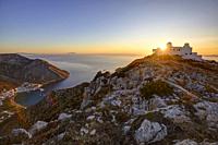 The temple of Agios Simeon and Kamares bay, Sifnos, Cyclades Island, Greece.