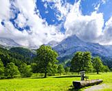 Alpe Grosser Ahornboden. Karwendel Mountains near Eng Alpe in the valley of Rissbach Creek in Tyrol. Europe, Austria.