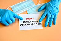 Covid-19 new Omicron variant. Doctor hand with blue glove indicate written ""Covid-19 variant Omicron"" on white paper. Medical face masks for protect...