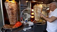 Beirut, Lebanon: Man prepares shawarma sandwich in popular street food reataurant Joseph in Sin el Fil, suburbus of Beirut