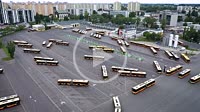 4k aerial footage of Ostrobramska buses depot of MZA public transport company in Warsaw, capital of Poland
