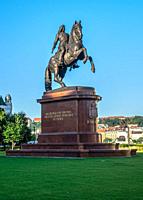 Budapest, Hungary. Equestrian statue of Rakoczi Ferenc in Budapest, Hungary, on a sunny summer morning.