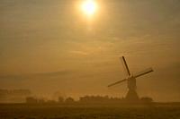 Windmill the Wingerdse Molen near the Dutch village WIjngaardem on a beautiful misty morning.