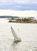 Yacht sailing near Mariehamn, elevated view, Aland Islands, Finland.