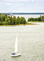Yacht sailing near Mariehamn, elevated view, Aland Islands, Finland.