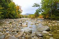Looking downstream at autumn foliage along the rocky East Branch of the Pemigewasset River, near Lincoln Village, in Lincoln, New Hampshire on a cloud...