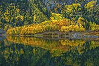 Crystal Lake Fall Reflection. . Million Dollar Highway Ouray Colorado USA.