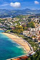 View of the city from Mount Igeldo, Ondarreta Beach, La Concha Bay, Donostia, San Sebastian, cosmopolitan city of 187,000 inhabitants, noted for its g...