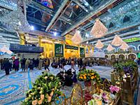 Karblaa, Iraq - 10,Mar 2022: internal picture for imam Abaas holy shrine in Karblaa city in Iraq , and showing oIslamic decor embroidered with gold an...