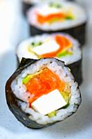 macro closeup of fresh sushi choice combination assortment selection.
