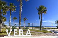 Sign of town of Vera in Almeria, view of its promenade and its beach.