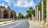 Side, Turkey. Ancient city of Side in Antalya province of Turkey on a sunny summer day.