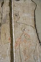 Cairo, Egyptian Museum, king Sahure suckled by goddess Nekhbet, in front of god Khnum. From Sahure temple in Abusir.