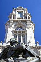 Europe, Portugal, Porto, Building of the Câmara Municipal (City Hall) of Porto with detail of Bell-Tower and Statue of Poet Almeida Garrett.