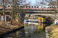 Berlin, Germany: train crossing the river in Tiergarten Park.