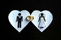 Great concept of love, marriage and complicity. Papeu clipping, heart shape with bride and groom inside and rings.