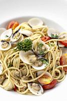 Spaghetti alle Vongole traditional italian seafood pasta with fresh clams.