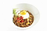 khmer cambodian traditional mixed seafood spicy fried rice meal on white background.