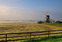 Windmill the Wingerdse Molen seen from behind a gate close to the Dutch village Bleskensgraaf in the region Alblasserwaard.