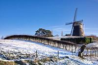Windmill Op de Vrouweheide close to Ubachsberg in a snowcovered landscape in the Dutch province Limburg.