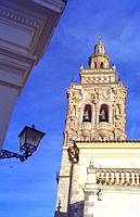 Tower of San Bartolome church. Jerez de los Caballeros, Badajoz province, Extremadura, Spain.