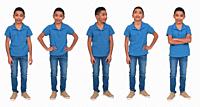 front view of various poses of same boy on white background.