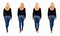 rear view of same woman walking with jeans and heeled shoes on white background.