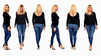 various poses of same women side, back and front view with jeans and heeled shoes.