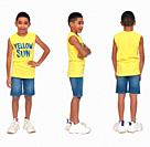 group of same boy with front, side and back dressed in shorts and sleeveless on white background.