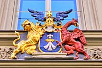 Hanseatic City of Stralsund, Mecklenburg-Western Pomerania, Germany: Large Stralsund city coat of arms from the Swedish period above the municipal lib...