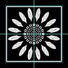 Framed geometric daisy in black and white, with some cyan geometric elements.