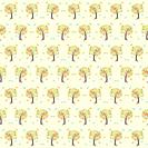 Pattern of trees and birds on a light yellow background.