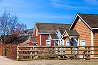 Colourful wooden houses at the heritage Britannia Ship Yard site in Steveston British Columbia Canada.