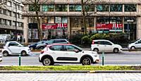 Brussels Old Town, Brussels Capital Region - Belgium - 12 20 2019 Citroen C3 of the Cambio carsharing company parked at the Boulevard du Regent with t...