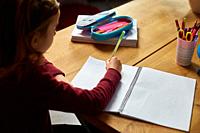 Focused schoolgirl sit at desk doing homework handwriting, homeschooling. Small junior girl engaged in distant learning get remote elementary educatio...