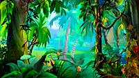 Colorful tropical Plants in the rainforest. Digital Painting Background, Illustration.