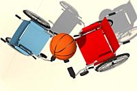 3D illustration of dispute over basket by handicapped people. Spirit of overcoming.