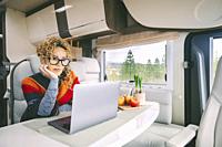 Off grid van life and digital nomad lifestyle. Cute modern woman working on laptop inside a camper van with nature and freedom scenic place outside th...